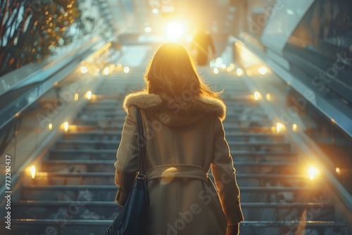A professional woman confidently strides up a staircase, her expression determined as she ascends towards a bright future, symbolizing the upward trajectory of her career