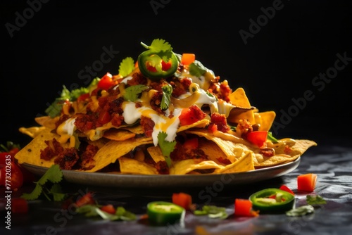 Tempting nachos on a marble slab against a granite background