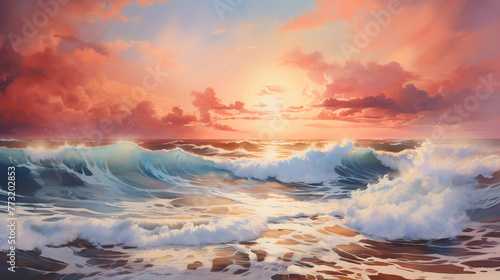 Vividly painted ocean waves under a spectacular sunset sky shine in a captivating watercolor illustration.