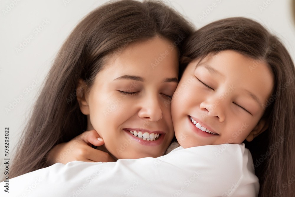 a happy family. cheerful mother hugging little smiling daughter, close-up, family concept a happy family. cheerful mother hugging little smiling daughter, close-up, family concept
