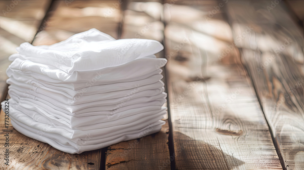 Neatly Folded White T-Shirts on Wooden Surface Neatly Folded White T-Shirts on Wooden Surface