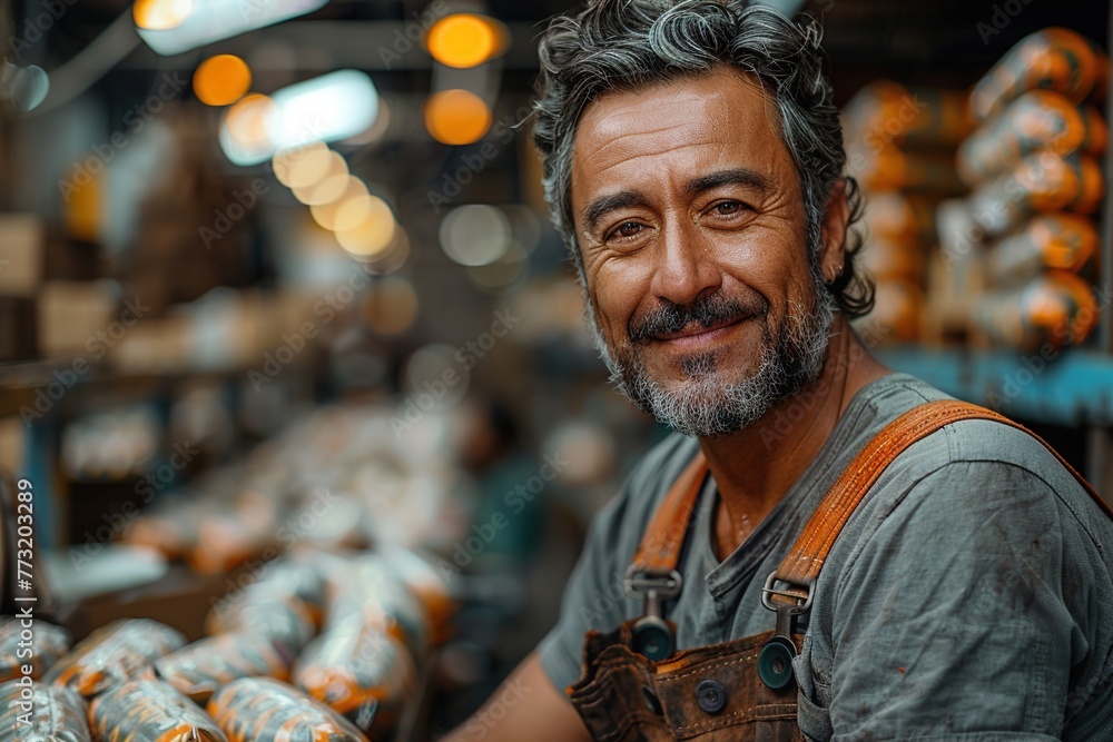 Smiling working man in a factory, medium shot