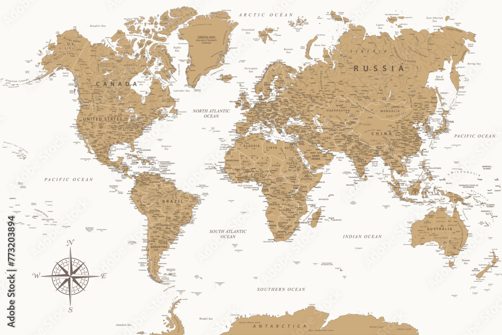 World Map - Highly Detailed Vector Map of the World. Ideally for the Print Posters. Golden Colors - obrazy, fototapety, plakaty 