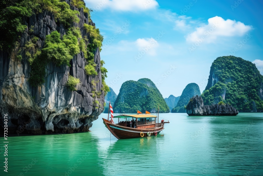 Tropical island  Long bay  Asia Amazed nature scenic landscape of James Bond Island with a boat for a traveler, Ai generated - obrazy, fototapety, plakaty 