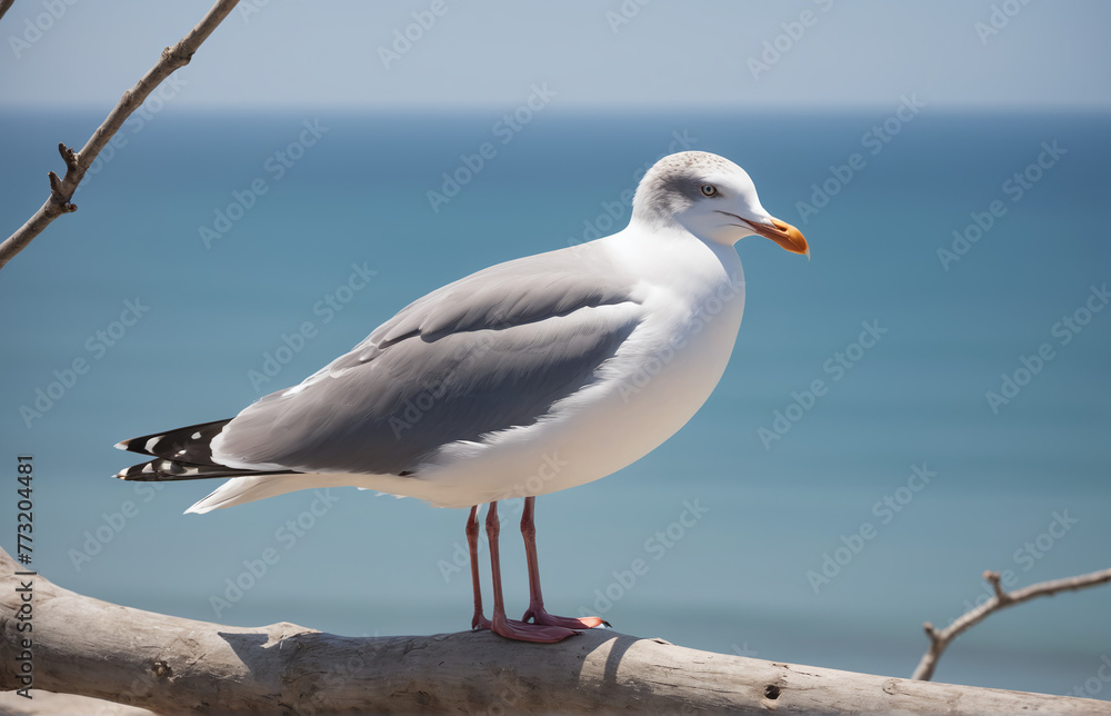 Fototapeta premium A seagull perching on a branch, looking at the tranquil sea