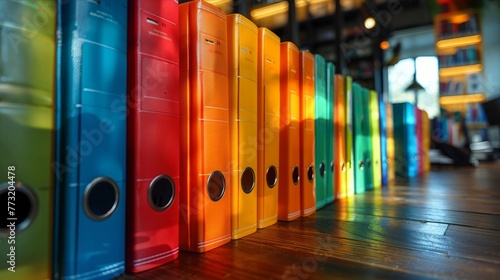 Rainbow array of colorful binders organized on office shelf photo
