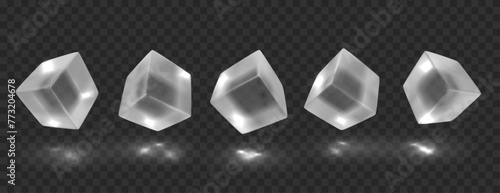 Transparent cubes in different angles with reflection. Isolated glossy geometric objects. Realistic 3d vector illustration.