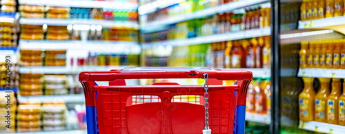 A shopping cart by a store shelf in a supermarket © monticellllo