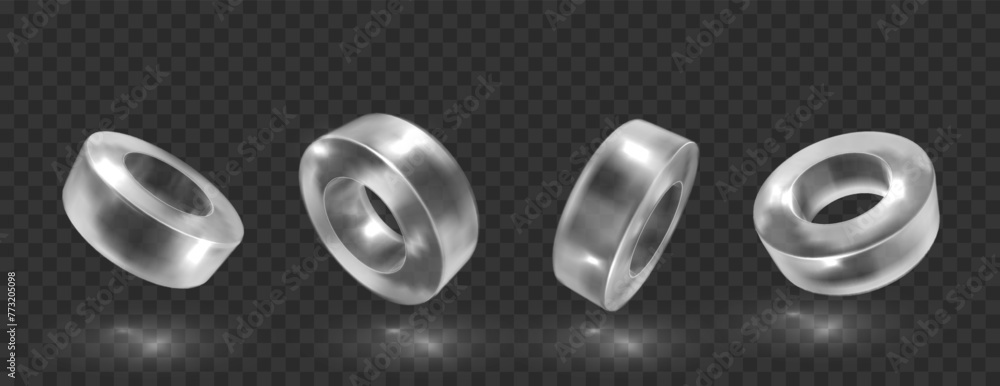 Crystal glass ring in different angle view. Abstract geometric shapes with reflection, crystal objects, graphic elements isolated on transparent black background. Crystal glass ring in different angle view. Abstract geometric shapes with reflection, crystal objects, graphic elements isolated on transparent black background.