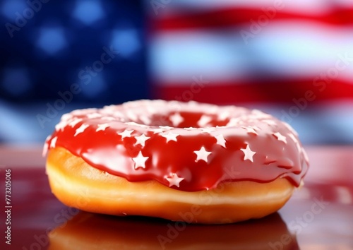 Patriotic donut with red frosting and American flag background  © Creative Universe