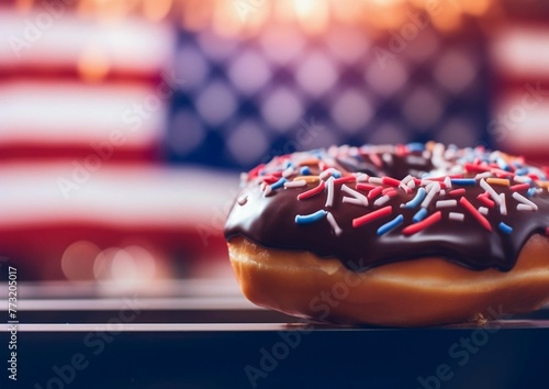 Chocolate Donut with Sprinkles and American Flag Background  © Creative Universe
