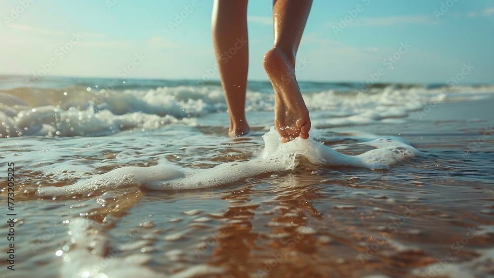 woman's feet walking on the waves of the beach on summer time with generative ai