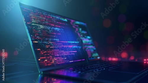 Concepts of software, web development, and programming. Abstract programming language and program code on a laptop screen. Laptop and icons representing a company network. Technology of software photo
