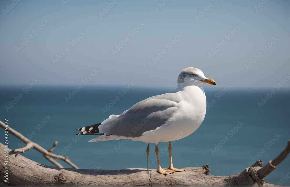 A seagull perching on a branch, looking at the tranquil sea
