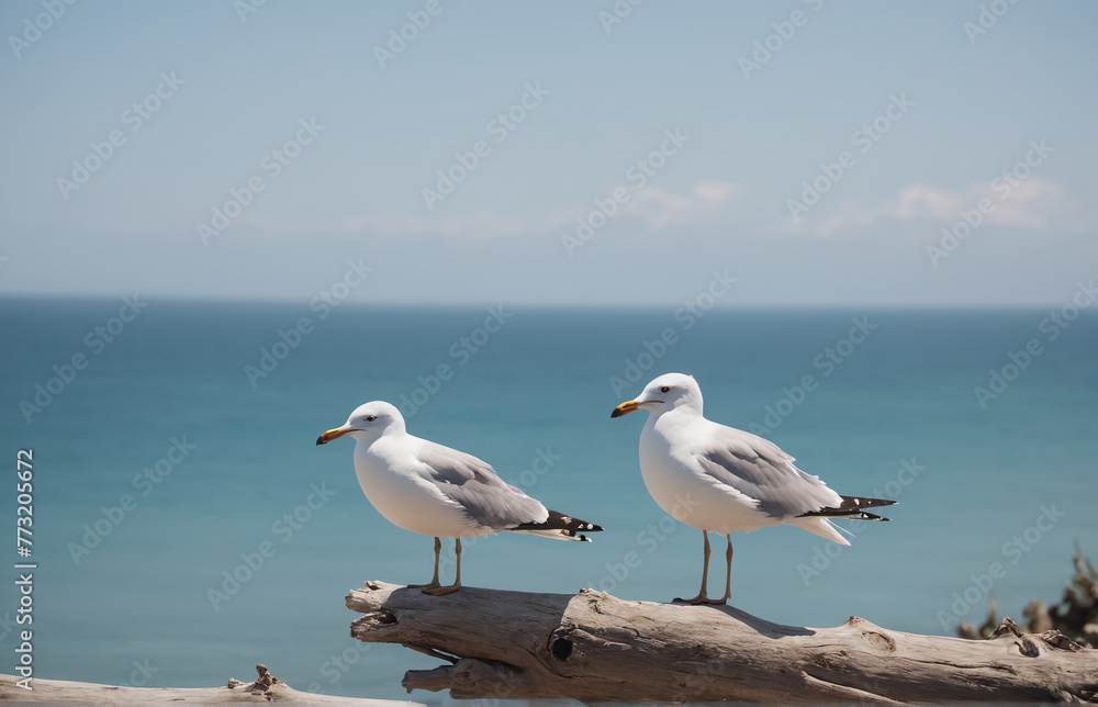 A seagull perching on a branch, looking at the tranquil sea A seagull perching on a branch, looking at the tranquil sea