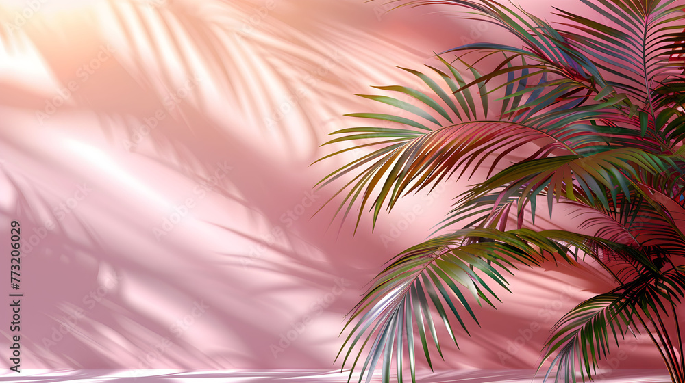 Palm tree leaves shadow on blush pink wall. Tropical background with copy space. Palm tree leaves shadow on blush pink wall. Tropical background with copy space.