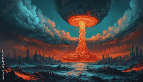 images of nuclear war, a massive nuclear explosion, blue orange, the end of civilization, people destroying themselves, the end of the world photo