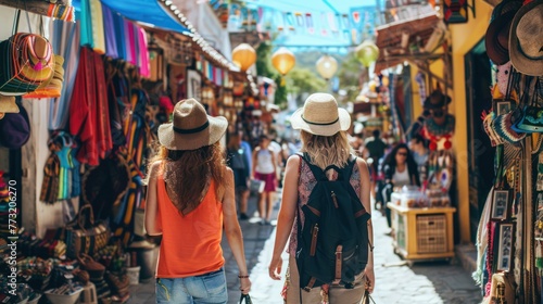 Two travelers exploring a vibrant street market filled with local crafts.