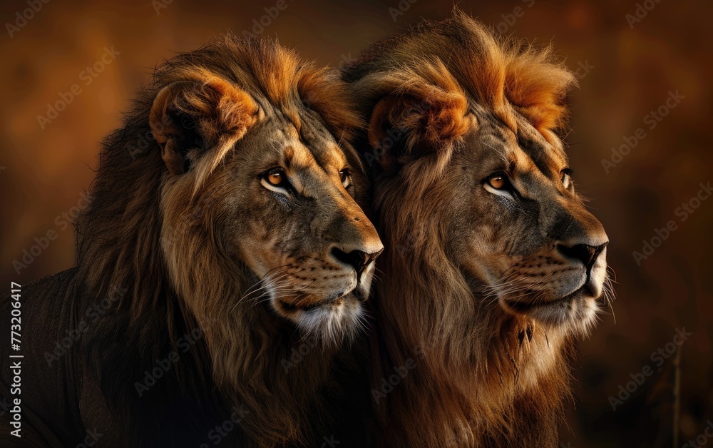 Majestic African Lion Duo Immortalized in a Portrait, Regal African Lion Couple Graces the Frame, Portrait of a Noble African Lion Pair,Magnificence Captured Generative Ai
