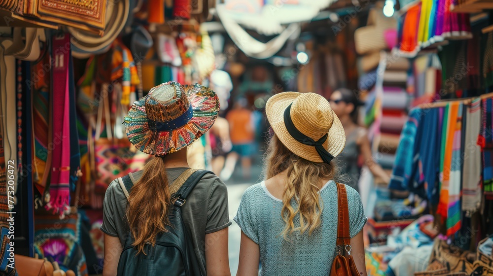 Two travelers exploring a vibrant street market filled with local crafts.