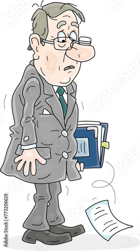 Sad office employee holding a folder with documents and thinking about problems and unfairness, vector cartoon illustration isolated on a white background photo