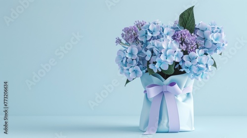 A bouquet of purple and blue flowers in a vase