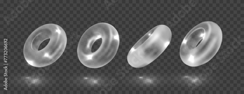 Glass torus In futuristic style. Glossy geometric shapes. Crystal glass element. Realistic 3d vector illustration