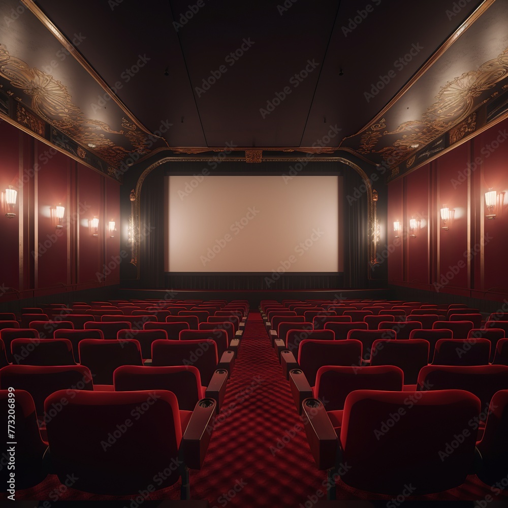 illustration of An empty cinema theater room photorealistic wide sho, Generative ai