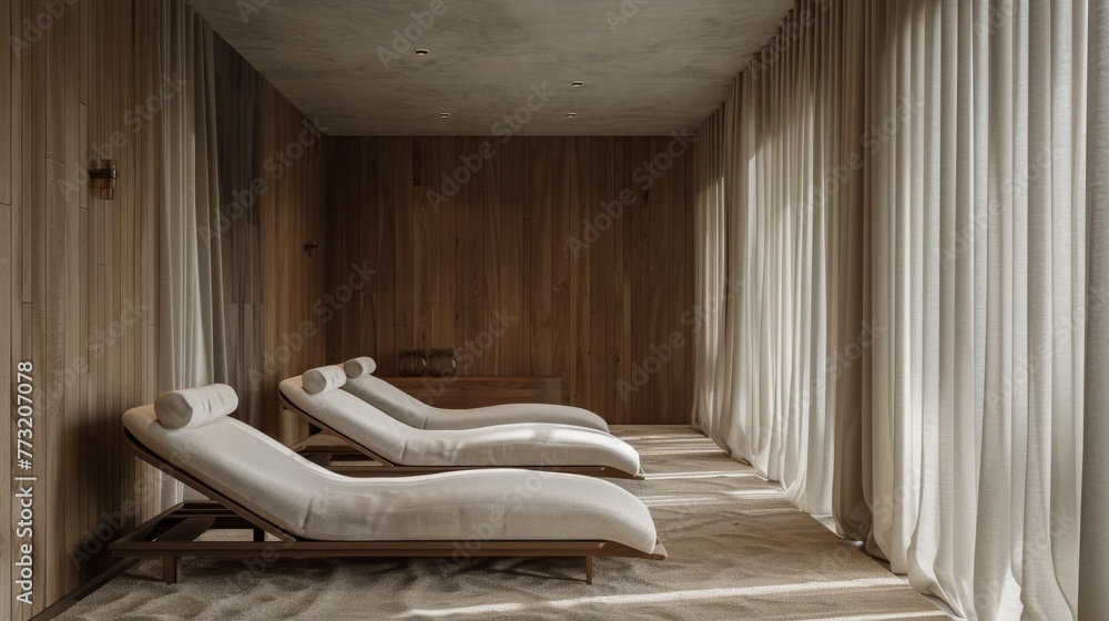3d render of a sunbed in a wooden room with curtains