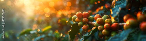 Sunlit ripe coffee berries on lush green branches with dew drops, captured during a vibrant sunset. photo
