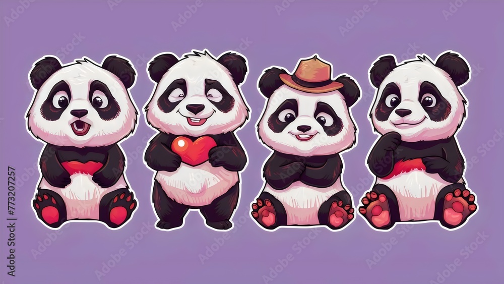 Fototapeta premium panda set stickers with heart