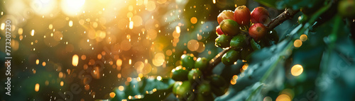 Sunlit ripe coffee berries on lush green branches with dew drops, captured during a vibrant sunset. photo