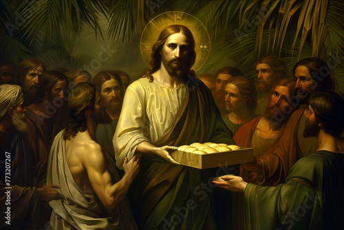 Painting of Jesus Christ feeding crowd of five thousand people with loaves
