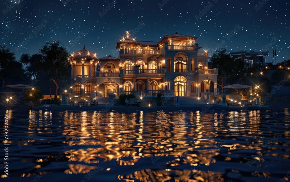 Evening Opulence, Living by the Riverside's Glowing Waters, Twilight Luxury, The Riches of Riverside Residences by Water's Edge Generative Ai
