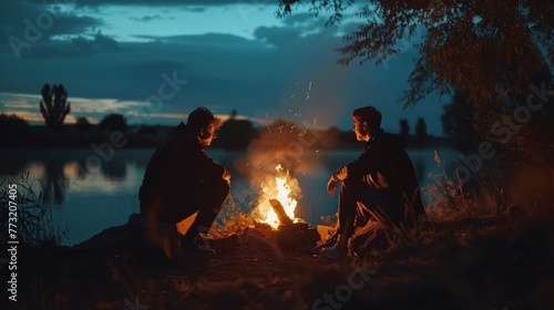 There are two friends sitting around a campfire relaxing