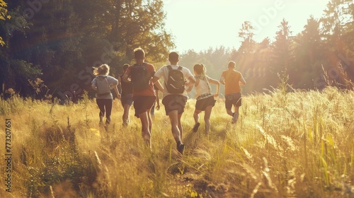 Running with friends on a grassy meadow - Friendship concept with young happy people moving freely at a camping experience - Vintage desaturated filter with backlight contrast sunlight photo