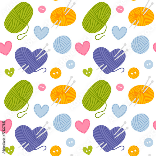Vector seamless pattern with a ball of yarn, on white background, vector seamless pattern