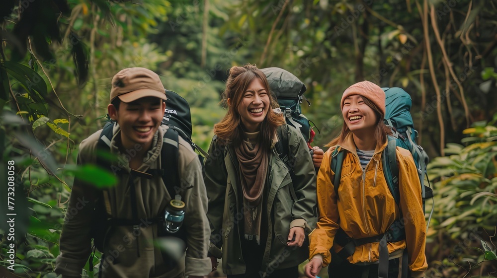Four best friends laughing and enjoying nature while hiking in wild forest, Thailand. Relax time on holiday concept travel.