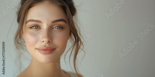 Beautiful young woman close-up on background with copy space. Woman with natural makeup and healthy skin. Self care concept.