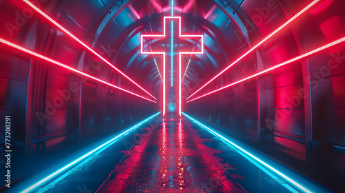 Neon Cross illumine le tunnel de flux de données, fusionnant foi et réalité virtuelle futuriste dans une démonstration saisissante de symbolisme religieux et d'esthétique numérique moderne © JK