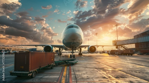 A cargo plane being loaded with shipping containers at an airport. 