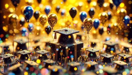 Celebratory Graduation Caps Ascend Amongst Golden Balloons and Confetti