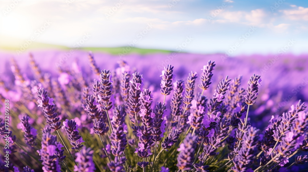 Lavender in a lavender field close up on a sunny day. Lavender field with summer blue sky close up, Lavender in a lavender field close up on a sunny day. Lavender field with summer blue sky close up,