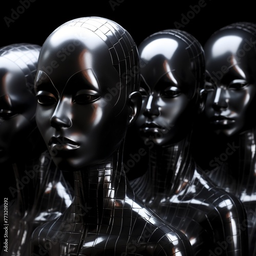 illustration of jpg many black glossy manequins on black background, Generative ai
