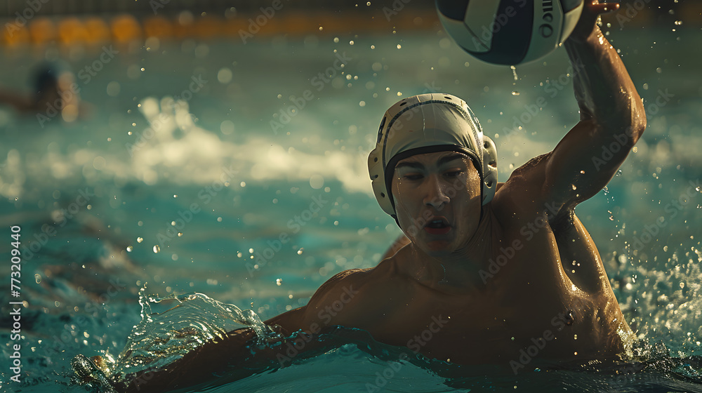Un joueur athlétique de water-polo plonge pour atteindre le ballon dans un match passionnant en piscine