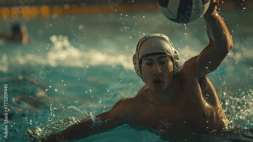 Un joueur athlétique de water-polo plonge pour atteindre le ballon dans un match passionnant en piscine photo