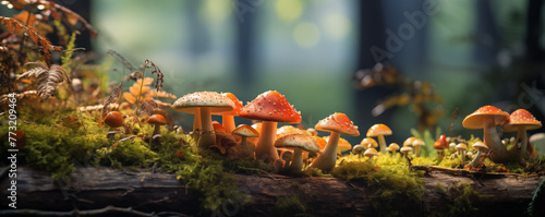 Wild mushrooms on a log in the forest, generated by ai