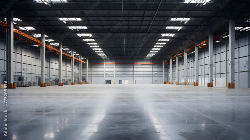 An empty warehouse industrial background. Dusty floors, towering shelves, and abandoned equipment characterize the vast space. An empty warehouse industrial background. Dusty floors, towering shelves, and abandoned equipment characterize the vast space.