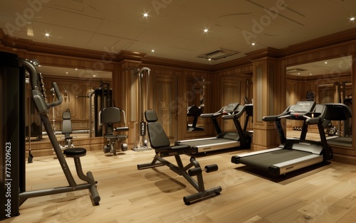 Enter a Fully-Equipped Gym Room Adorned with V, Walk into a Well-Appointed Gym Room Embellished with V Generative Ai