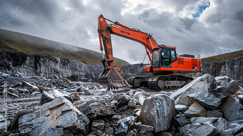 Excavation puissante : une gigantesque excavatrice orange s'attaquant aux terrains rocheux avec précision et force photo